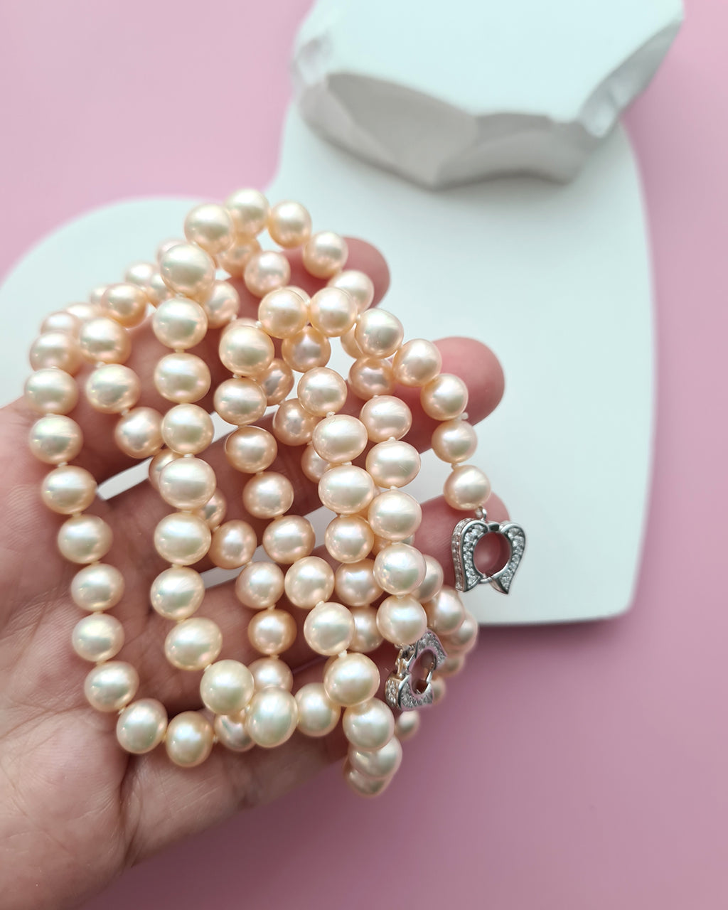 Metallic Pinkish Gold Pearl Long Strand Necklace - 27 inch Classic Knotted Pearl Jewelry