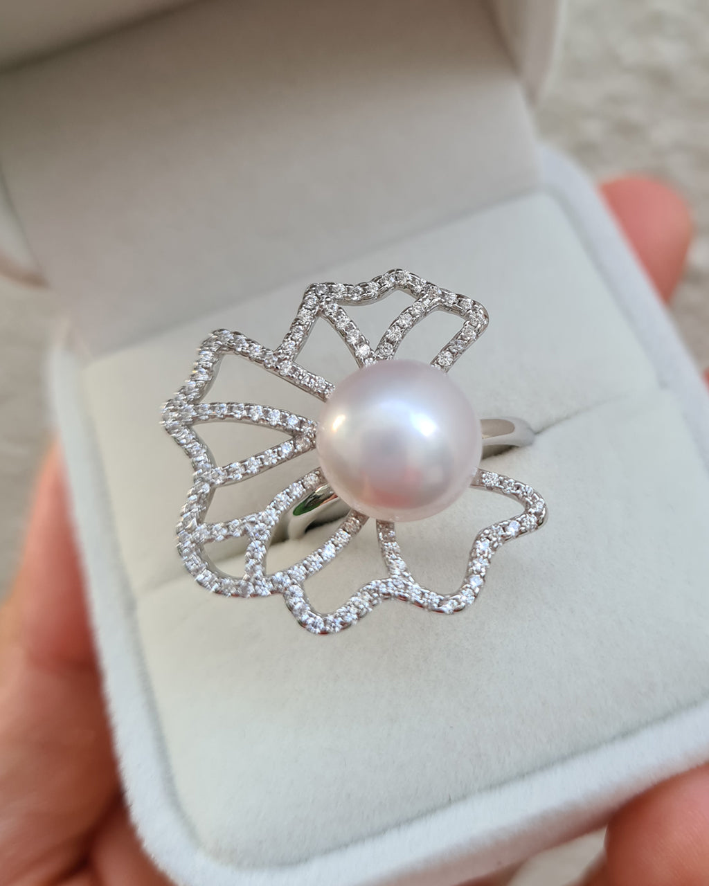 White Pearl Lotus Leaf Cocktail Ring | Timeless Statement Pearl Cocktail Ring