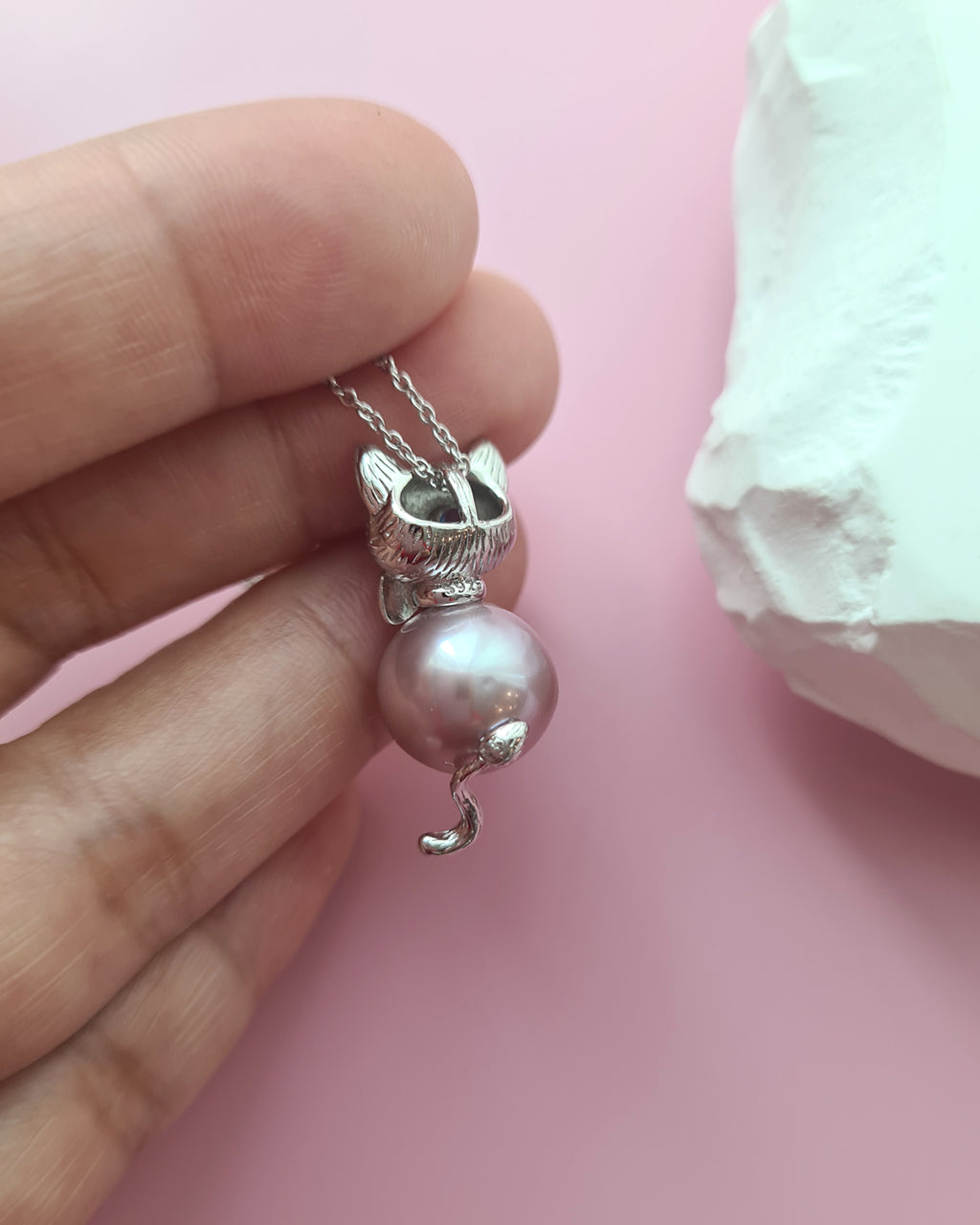 Cute Kitten Cat Pink Edison Pearl Pendant Necklace - Sterling Silver Jewelry Gifts for Cat lovers Girls Singapore