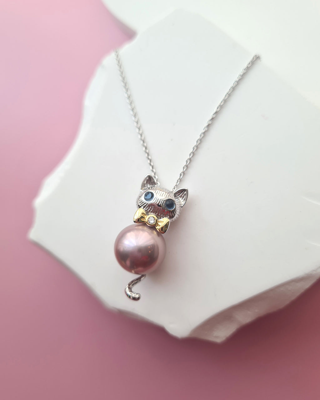 Cute Kitten Cat Pink Edison Pearl Pendant Necklace - Sterling Silver Jewelry Gifts for Cat lovers Girls Singapore