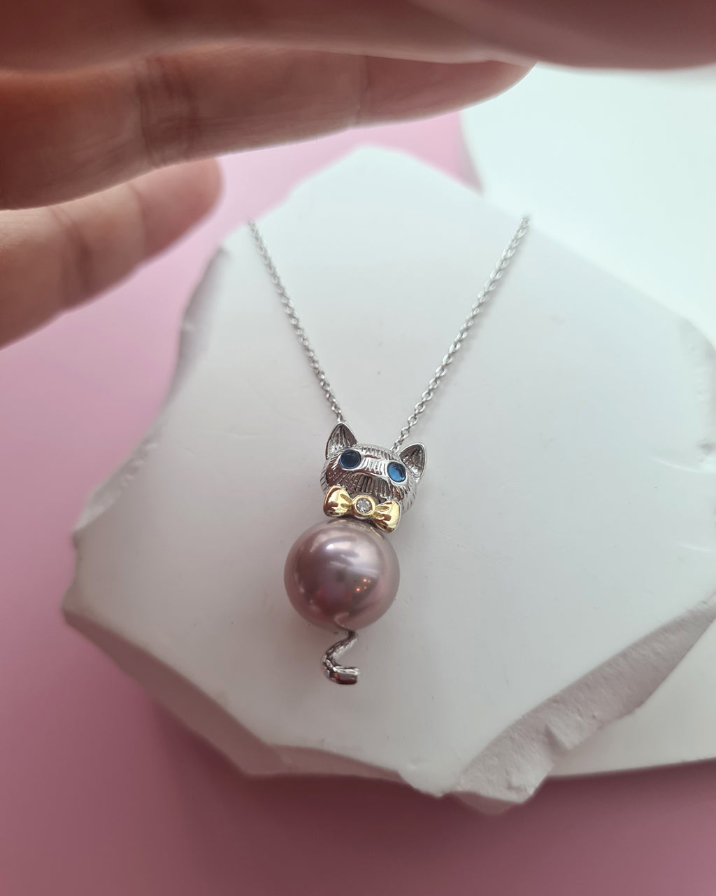 Cute Kitten Cat Pink Edison Pearl Pendant Necklace - Sterling Silver Jewelry Gifts for Cat lovers Girls Singapore