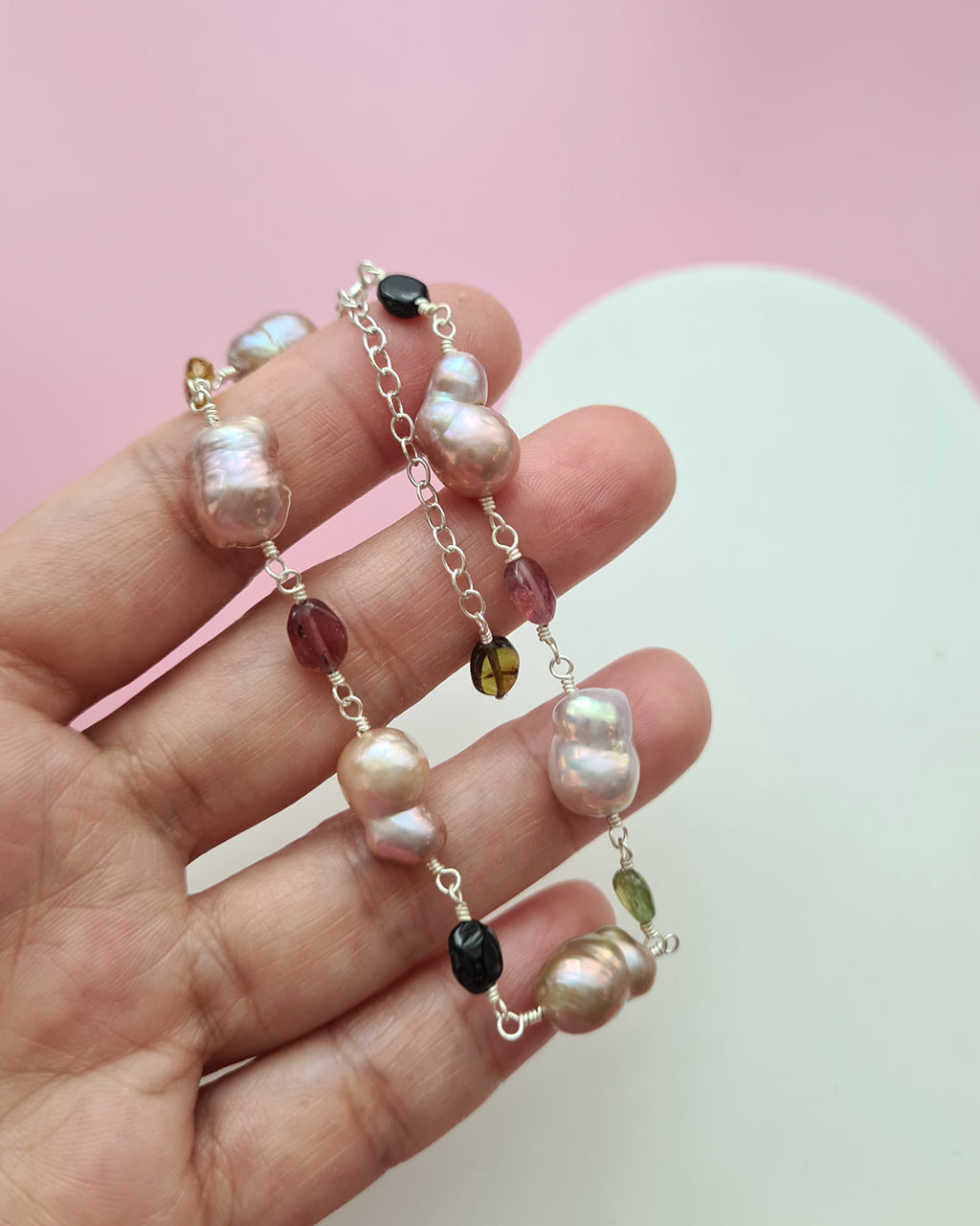Metallic Freshwater Pearl Bracelet with Tourmaline beads Sterling Silver Jewelry in Singapore