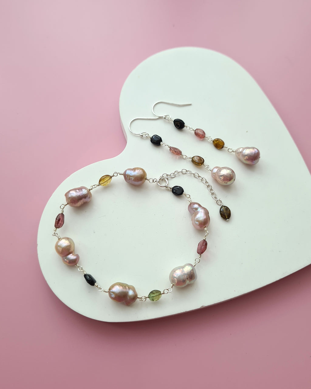 Metallic Freshwater Pearl Bracelet with Tourmaline beads Sterling Silver Jewelry in Singapore
