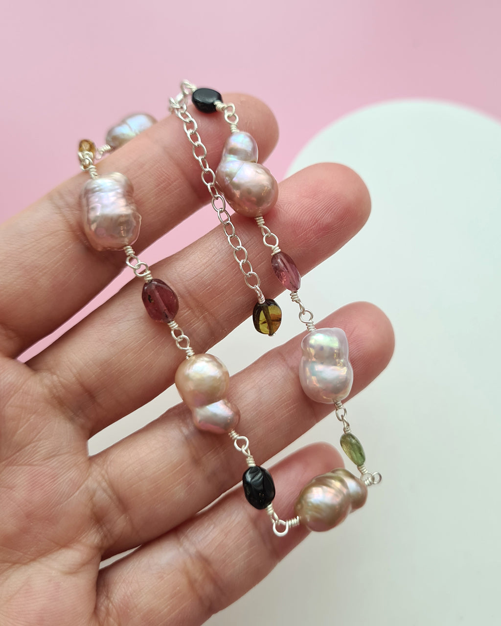 Metallic Freshwater Pearl Bracelet with Tourmaline beads Sterling Silver Jewelry in Singapore