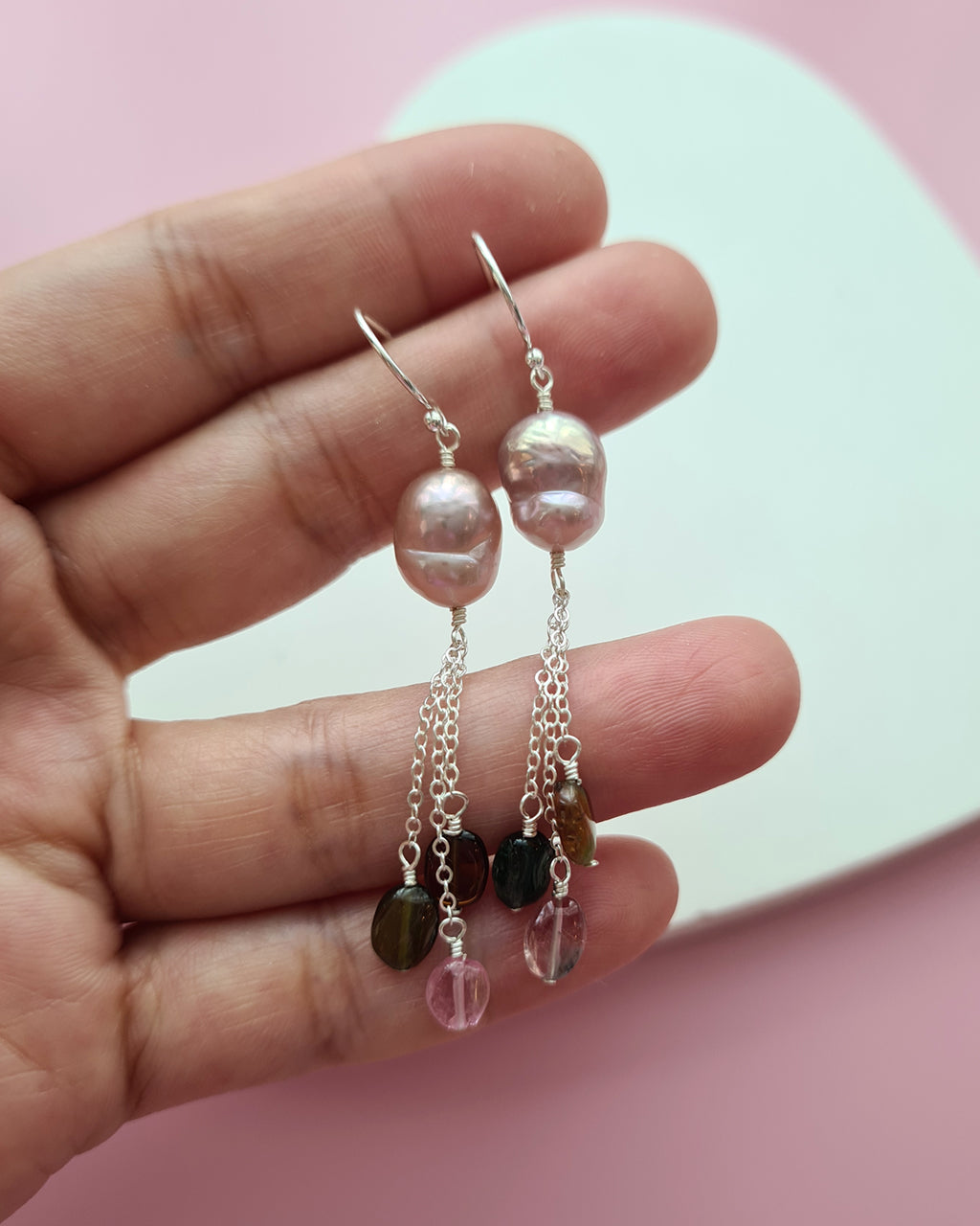 Metallic Baroque Pearl Earrings with Tourmaline Tassel, Pearl Jewelry in Singapore