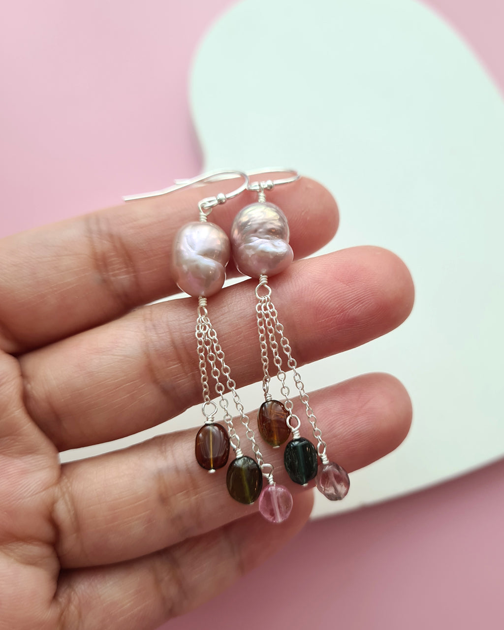 Metallic Baroque Pearl Earrings with Tourmaline Tassel, Pearl Jewelry in Singapore