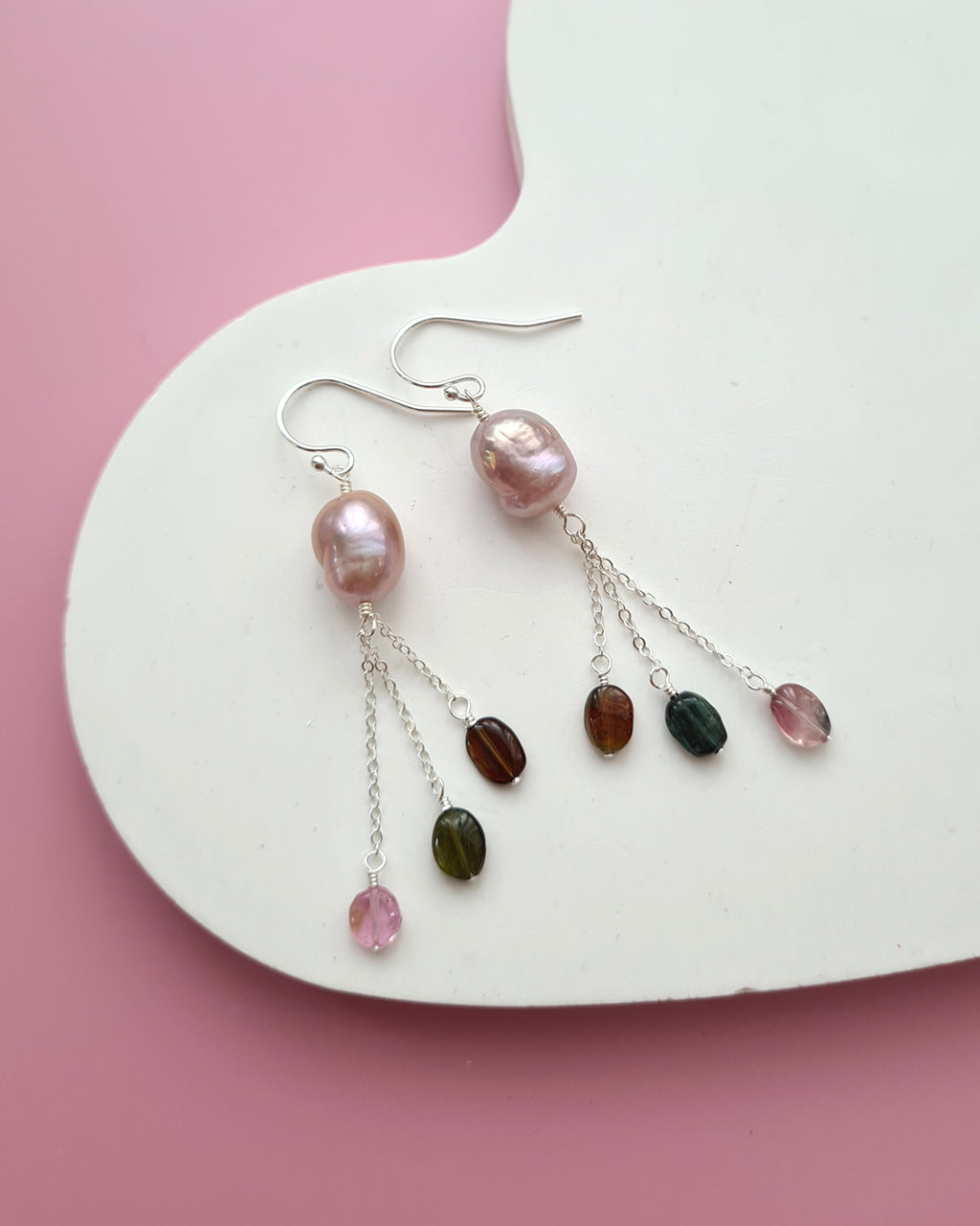Metallic Baroque Pearl Earrings with Tourmaline Tassel, Pearl Jewelry in Singapore