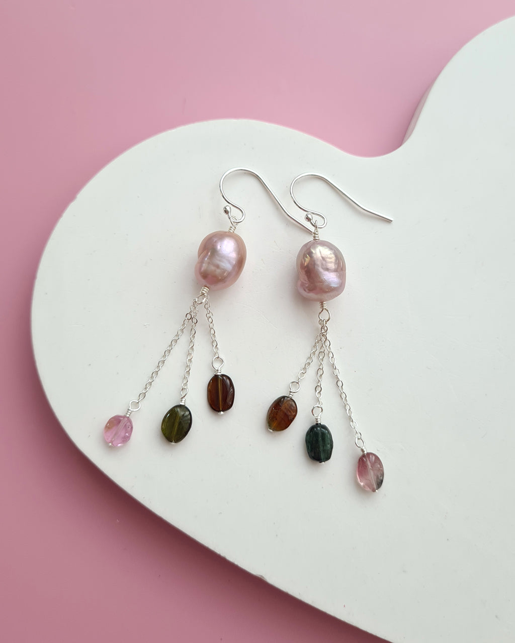 Metallic Baroque Pearl Earrings with Tourmaline Tassel, Pearl Jewelry in Singapore