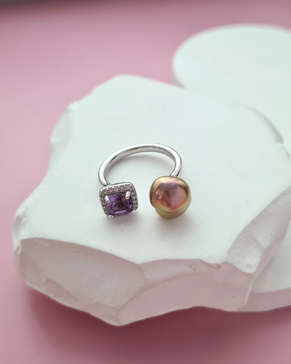 Metallic Keshi Pearl Open Ring - Amethyst