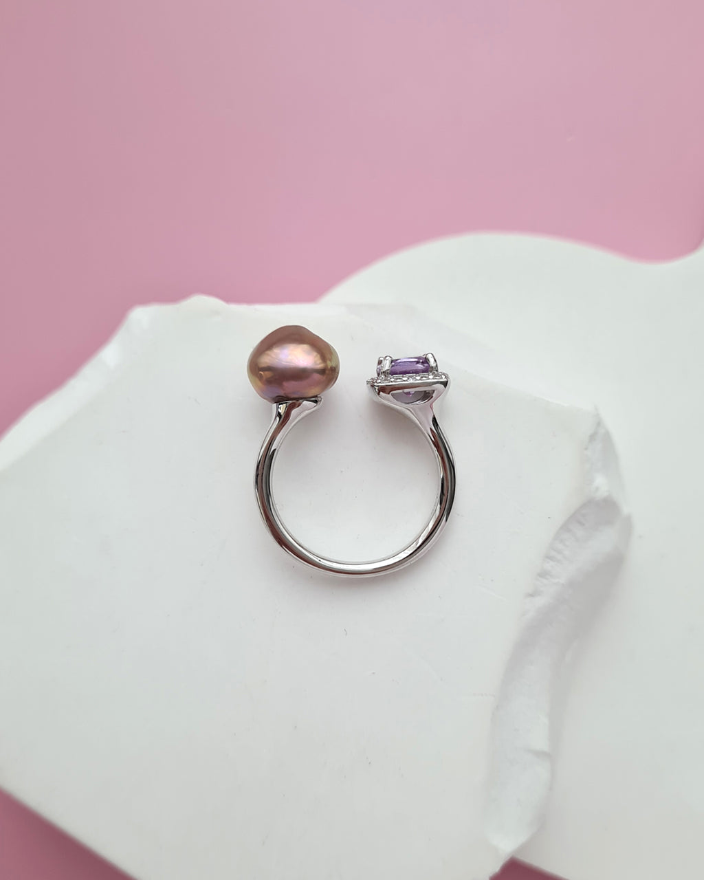 Metallic Keshi Pearl Open Ring - Amethyst