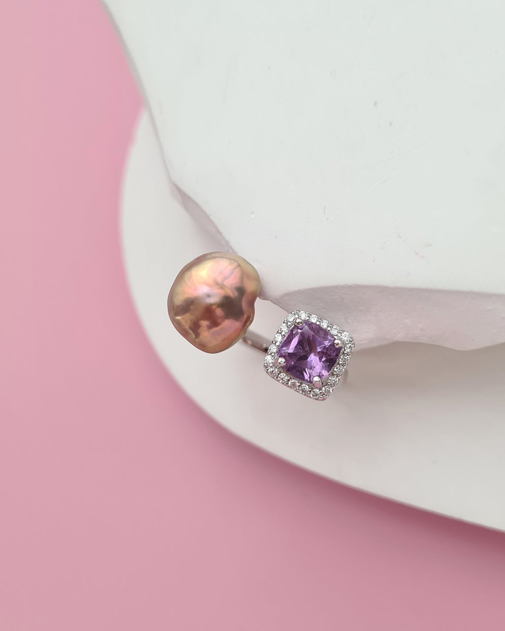 Metallic Keshi Pearl Open Ring - Amethyst