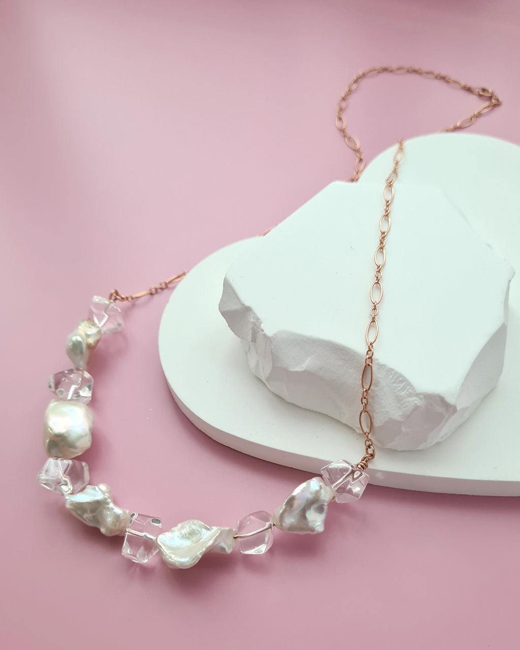Metallic White Large Keshi Pearl Necklace - Minimalist in Rose Gold