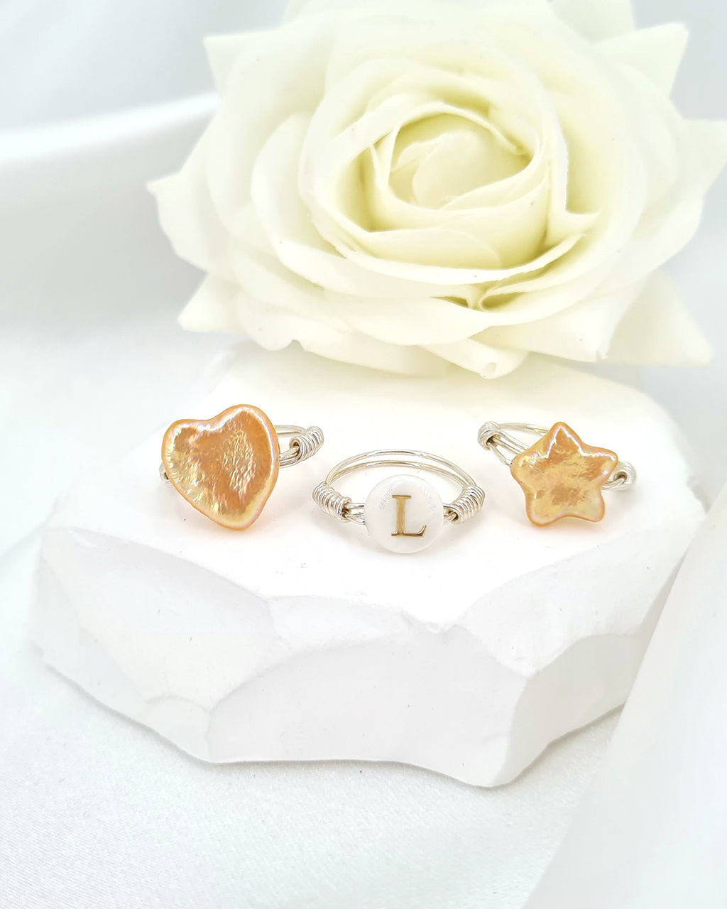 Pearl Rings- Initial, Heart & Star Ring | Girls Birthday Party Gifts Favors, Bridal Shower Gifts