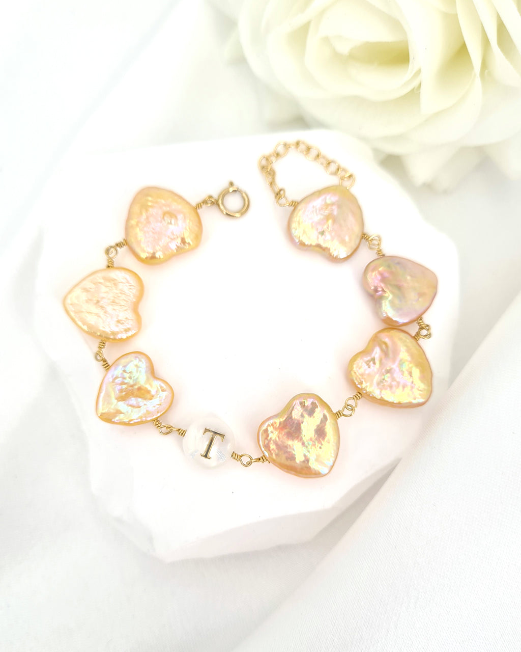 Personalised Letter Bracelet with Heart Pearl - 14k gold filled