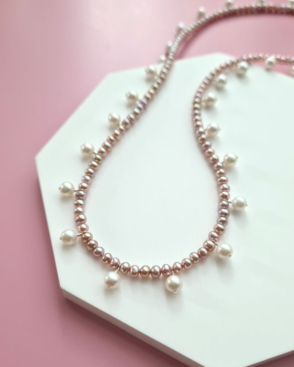 Pink Keshi Pearl and White Pearl Strand Necklace, Modern Pearl Jewelry handmade in Singapore
