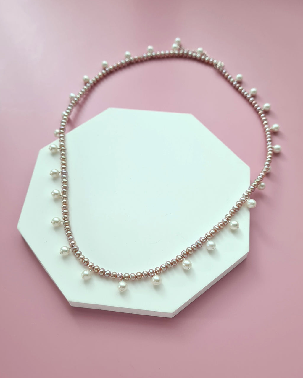 Pink Keshi Pearl and White Pearl Strand Necklace, Modern Pearl Jewelry handmade in Singapore