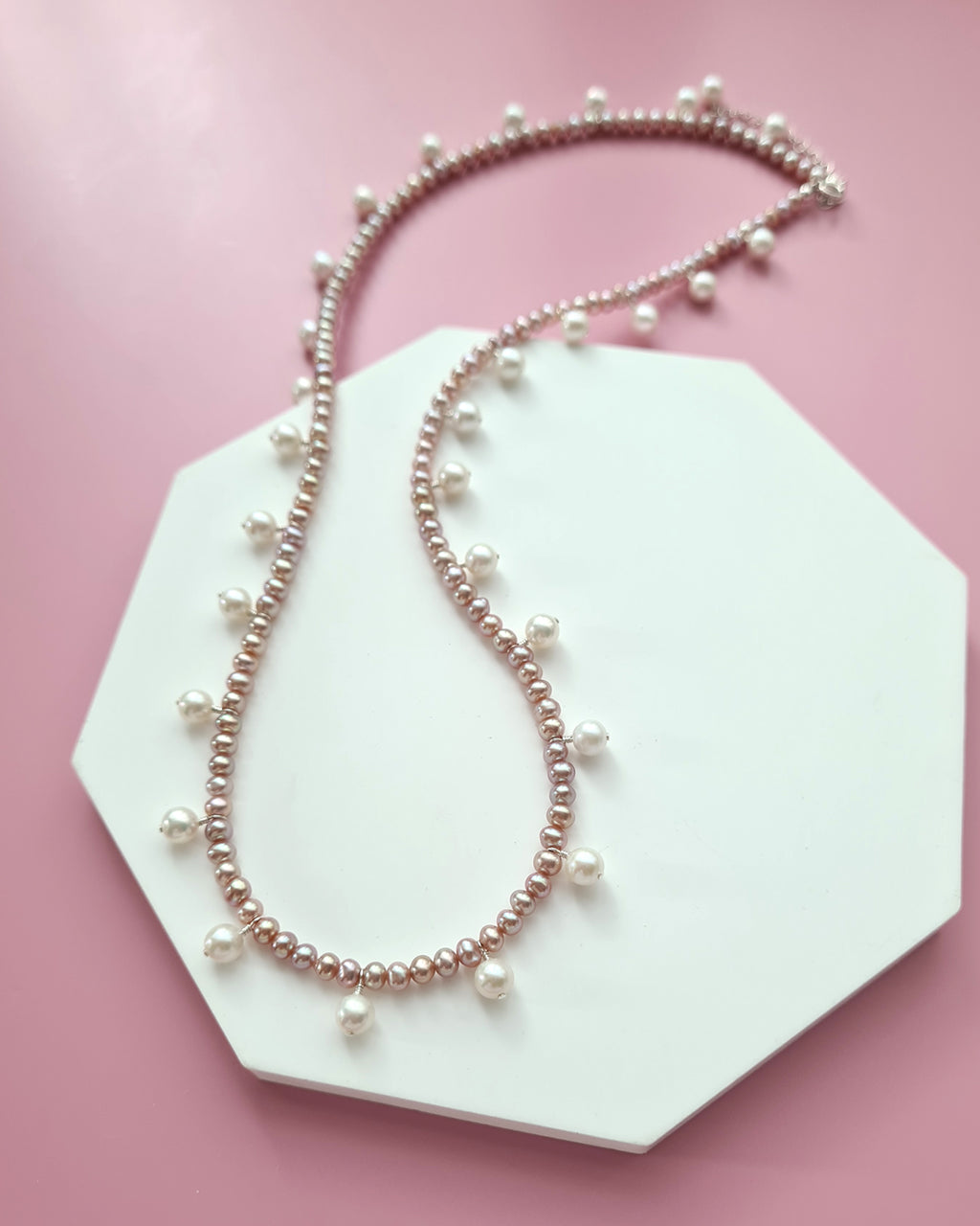 Pink Keshi Pearl and White Pearl Strand Necklace, Modern Pearl Jewelry handmade in Singapore