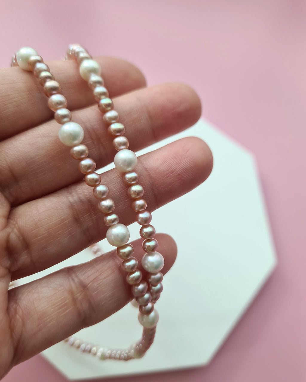 Pink Keshi Pearl and White Pearl Strand Necklace