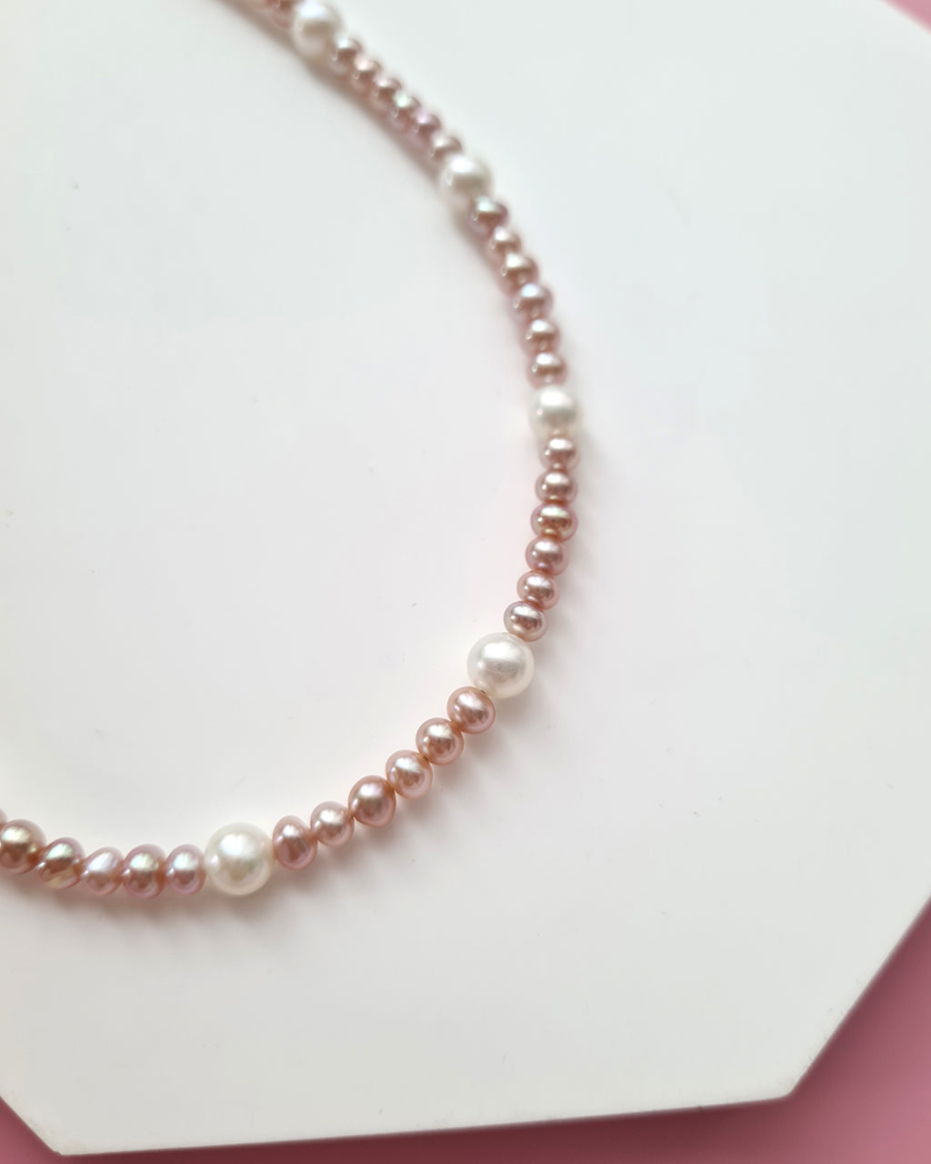 Pink Keshi Pearl and White Pearl Strand Necklace