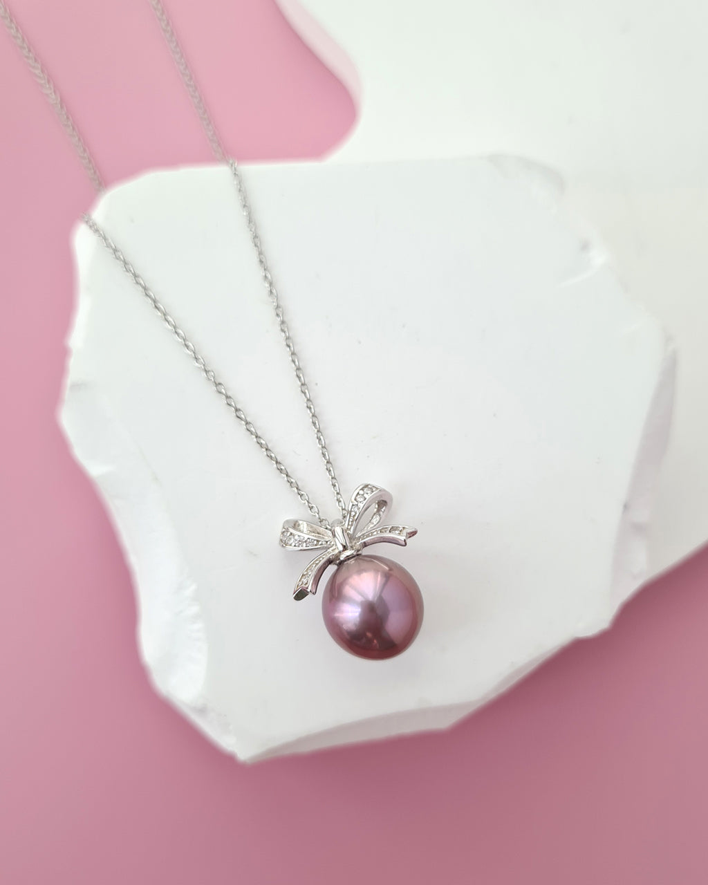 Purple Edison Pearl Ribbon Pendant Necklace - Sterling Silver Pearl Jewelry Singapore
