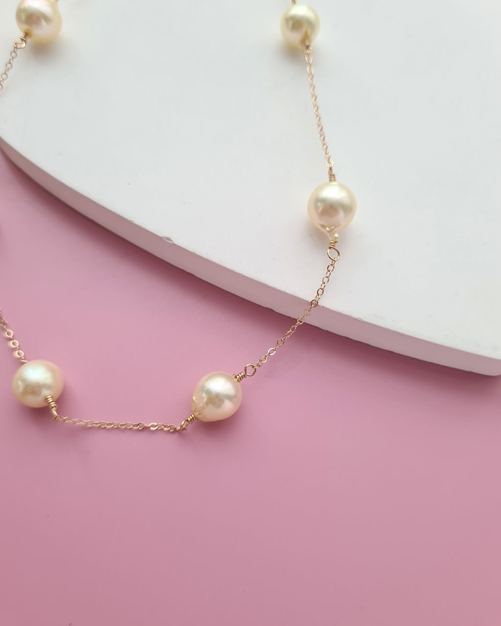 Queen Gold Akoya Pearl Floating Station Necklace - 8mm to 9mm in 14k Gold Filled Pearl Jewelry in Singapore