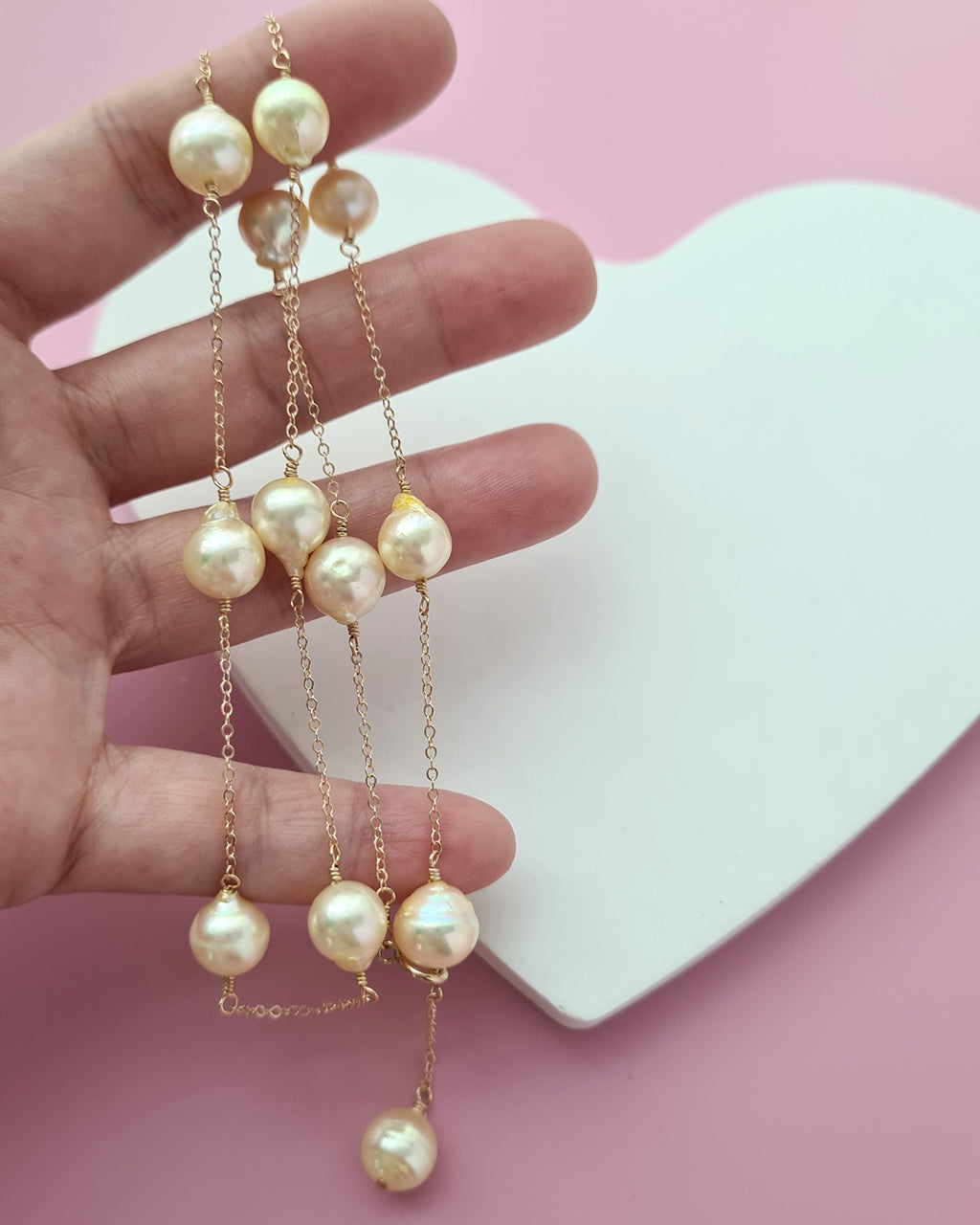 Queen Gold Akoya Pearl Floating Station Necklace - 8mm to 9mm in 14k Gold Filled Pearl Jewelry in Singapore