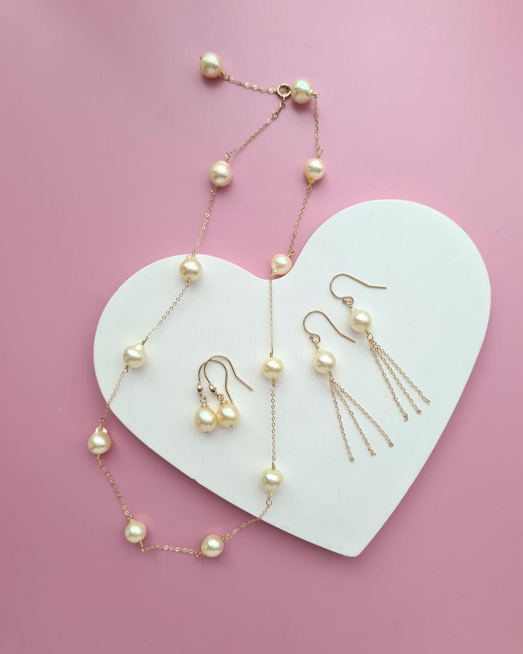 Queen Gold Akoya Pearl Floating Station Necklace - 8mm to 9mm in 14k Gold Filled Pearl Jewelry in Singapore