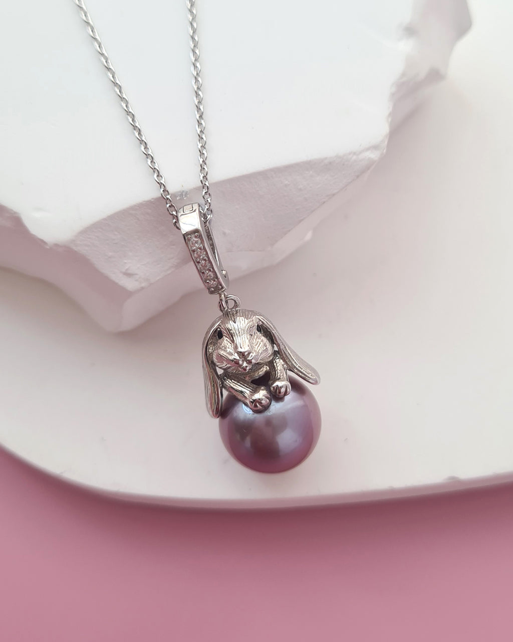Purple Freshwater Edison Pearl Pendant Necklace - Cute Rabbit Sterling Silver Jewelry Singapore