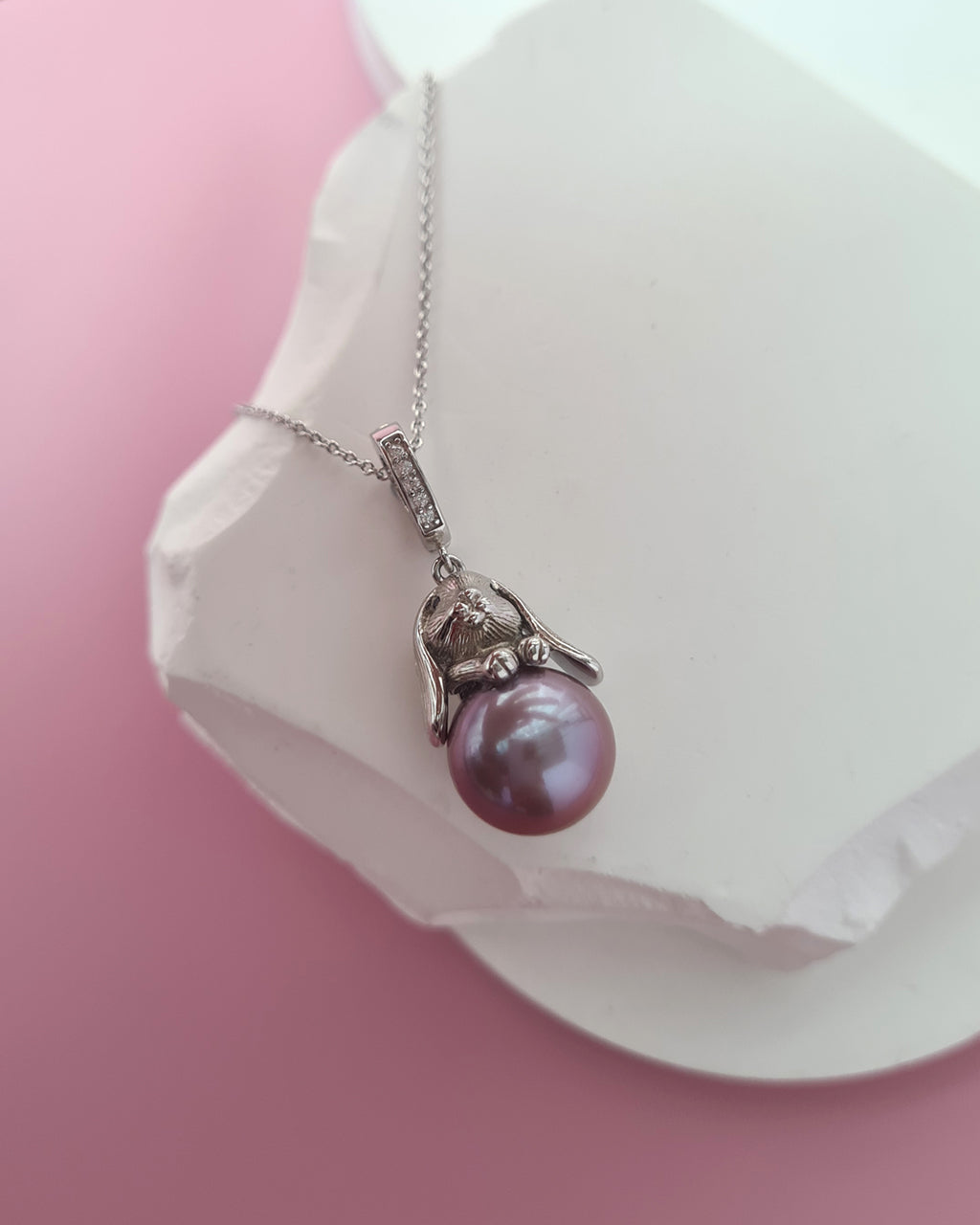 Purple Freshwater Edison Pearl Pendant Necklace - Cute Rabbit Sterling Silver Jewelry Singapore