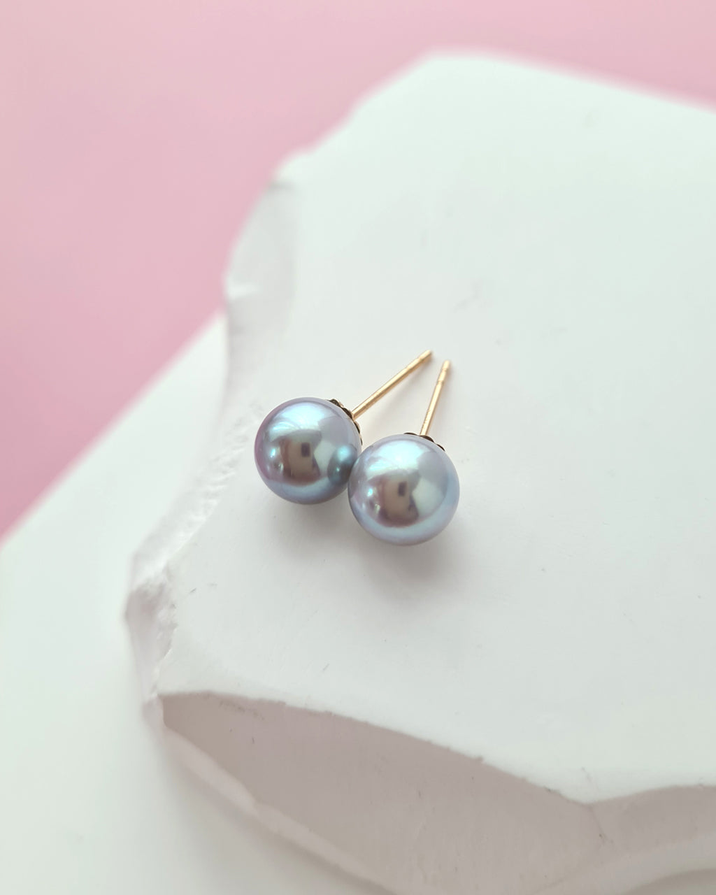 7.3mm Silver Blue Akoya Pearl Stud Earrings | 18K Yellow Gold Pearl Jewelry