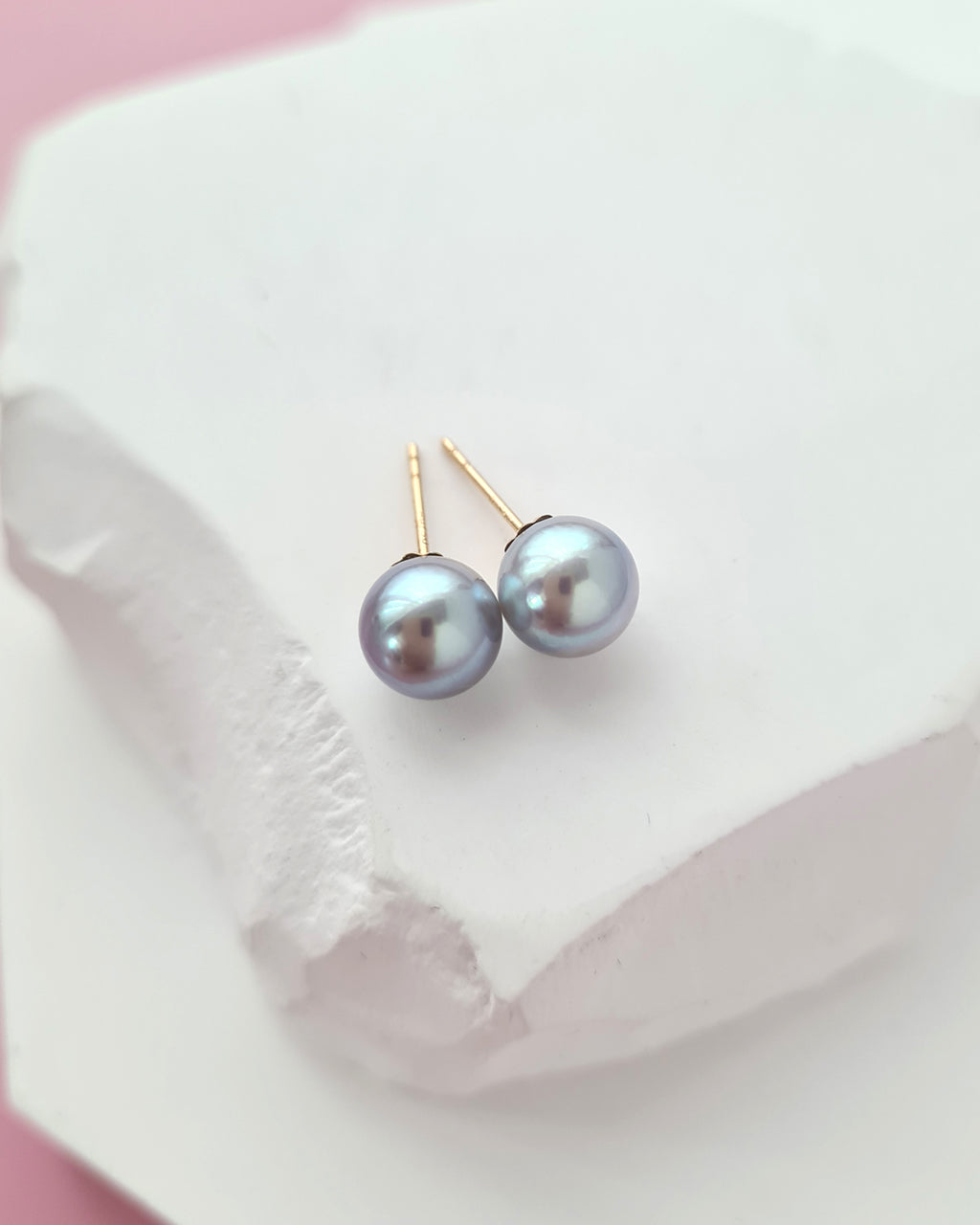 7.3mm Silver Blue Akoya Pearl Stud Earrings | 18K Yellow Gold Pearl Jewelry