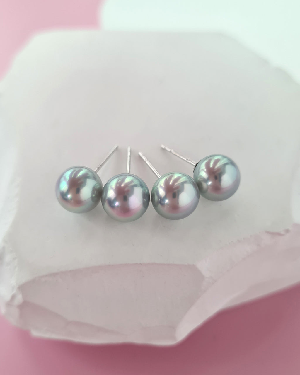 Silver Blue Akoya Pearl Stud Earrings | 18K White Gold | 7.5mm-8mm