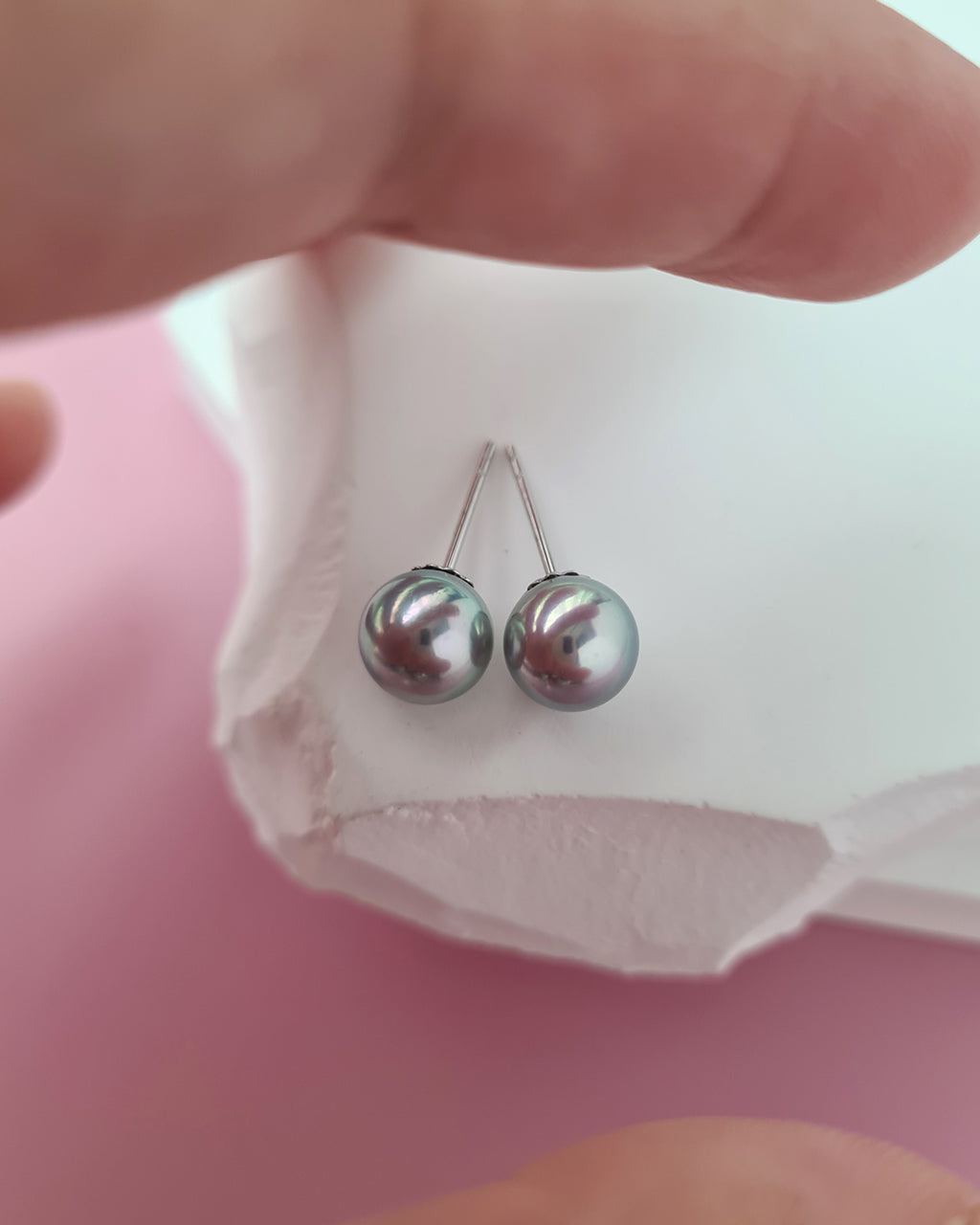 Silver Blue Akoya Pearl Stud Earrings | 18K White Gold | 7mm - 8mm