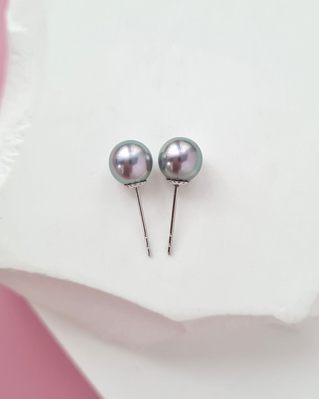 Silver Blue Akoya Pearl Stud Earrings | 18K White Gold | 6mm-6.5mm | Exact Pair