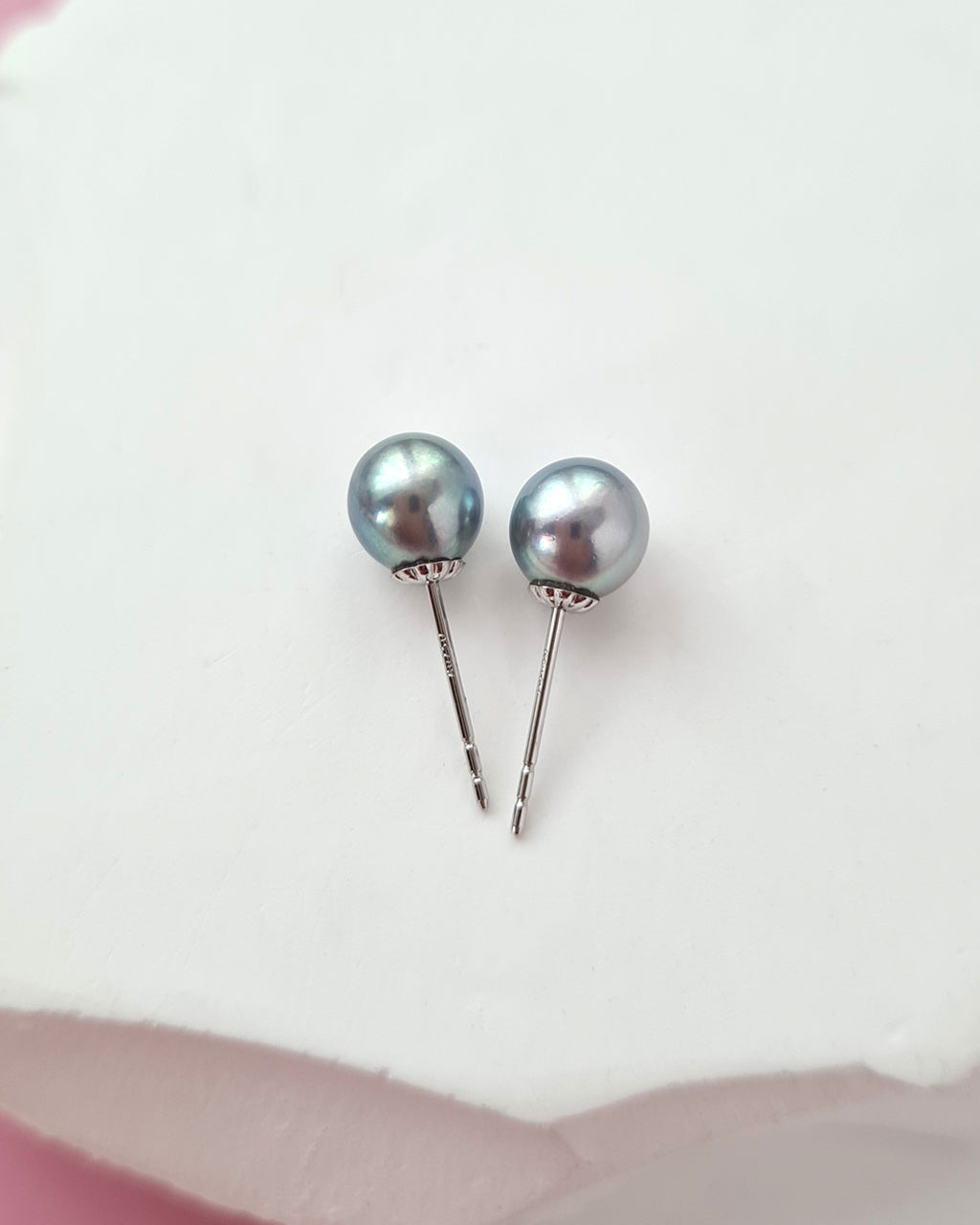 5.8mm Silver Blue Akoya Pearl Stud Earrings | 18K White Gold | 5.5mm-6mm | Exact Pair