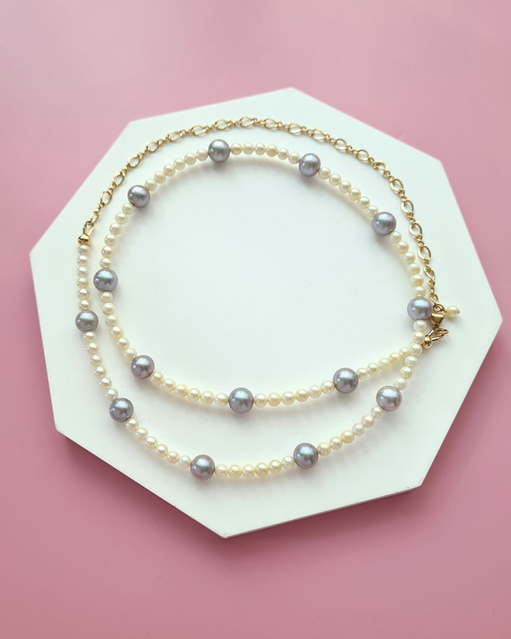 Silver Blue Akoya and Baby Gold Akoya Pearl Necklace, Modern Pearl Jewelry Handmade in Singapore
