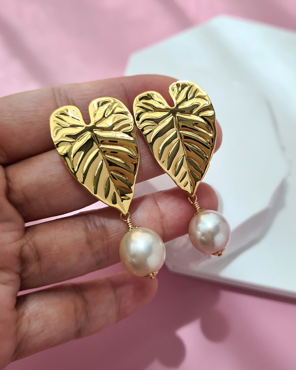 South Sea Pearl Earrings - Big Tropical Leaf, Modern Pearl Jewelry in Singapore