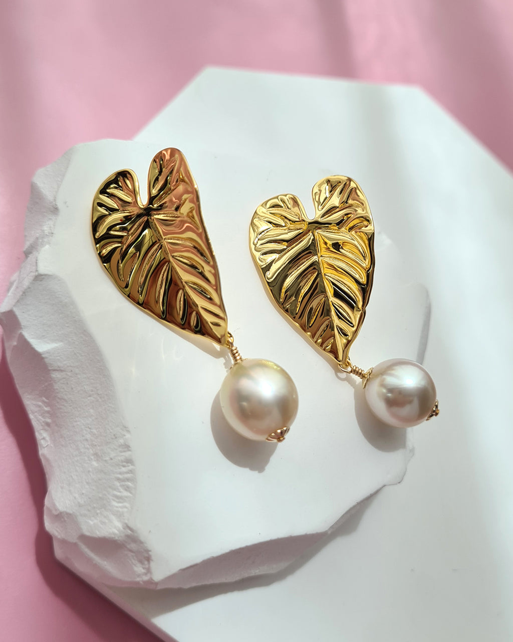 South Sea Pearl Earrings - Big Tropical Leaf, Modern Pearl Jewelry in Singapore
