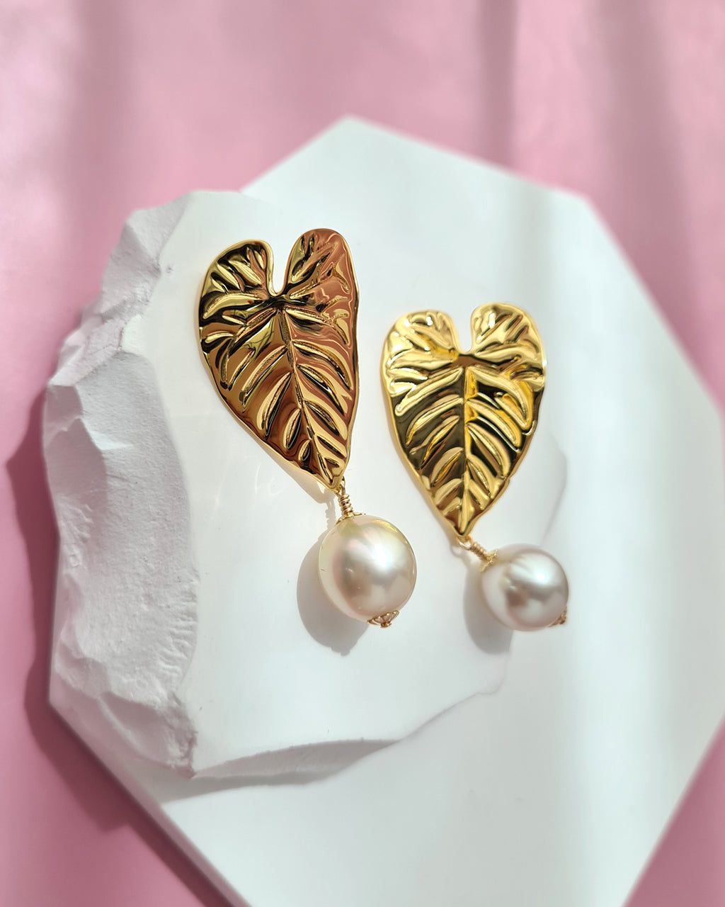 South Sea Pearl Earrings - Big Tropical Leaf, Modern Pearl Jewelry in Singapore