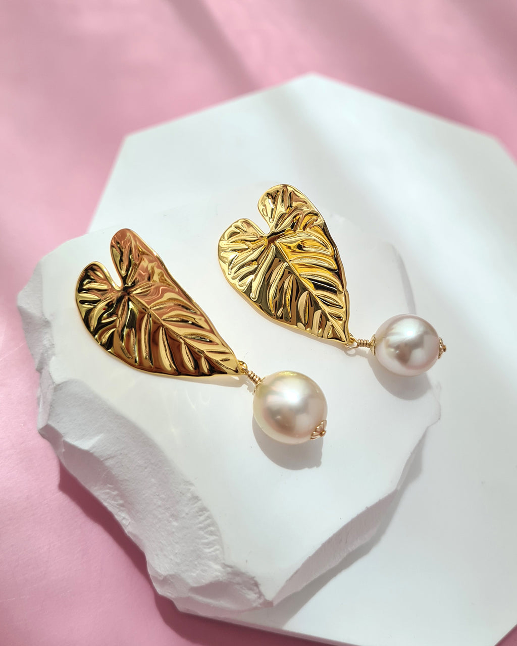 South Sea Pearl Earrings - Big Tropical Leaf, Modern Pearl Jewelry in Singapore