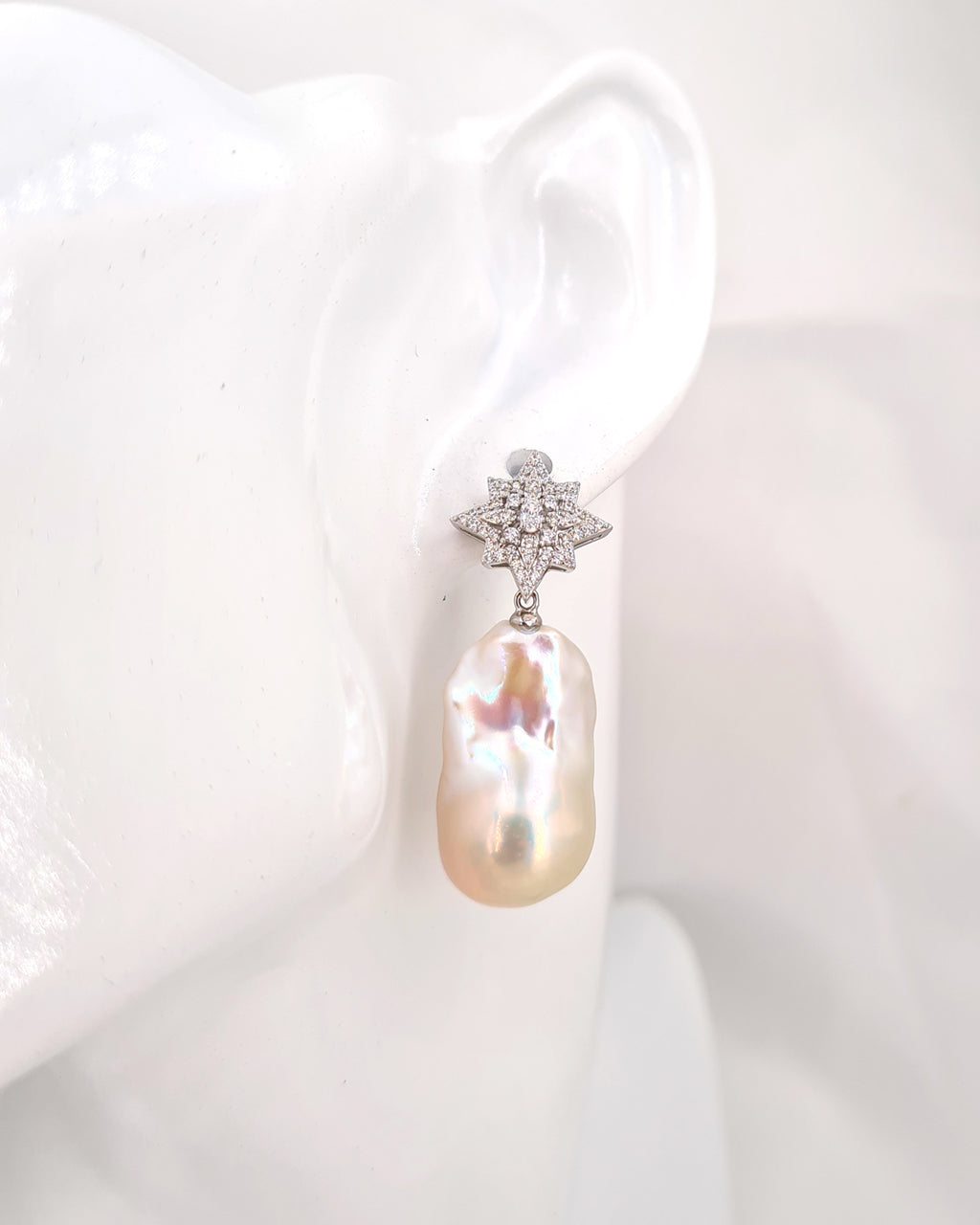 Large White Baroque Pearl Earrings - Star burst Earrings