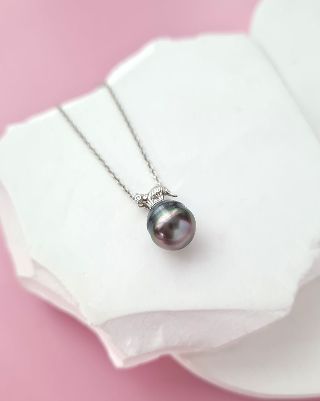 Tahitian Pearl Cat Pendant Necklace, Handmade Modern Pearl Jewelry in Singapore