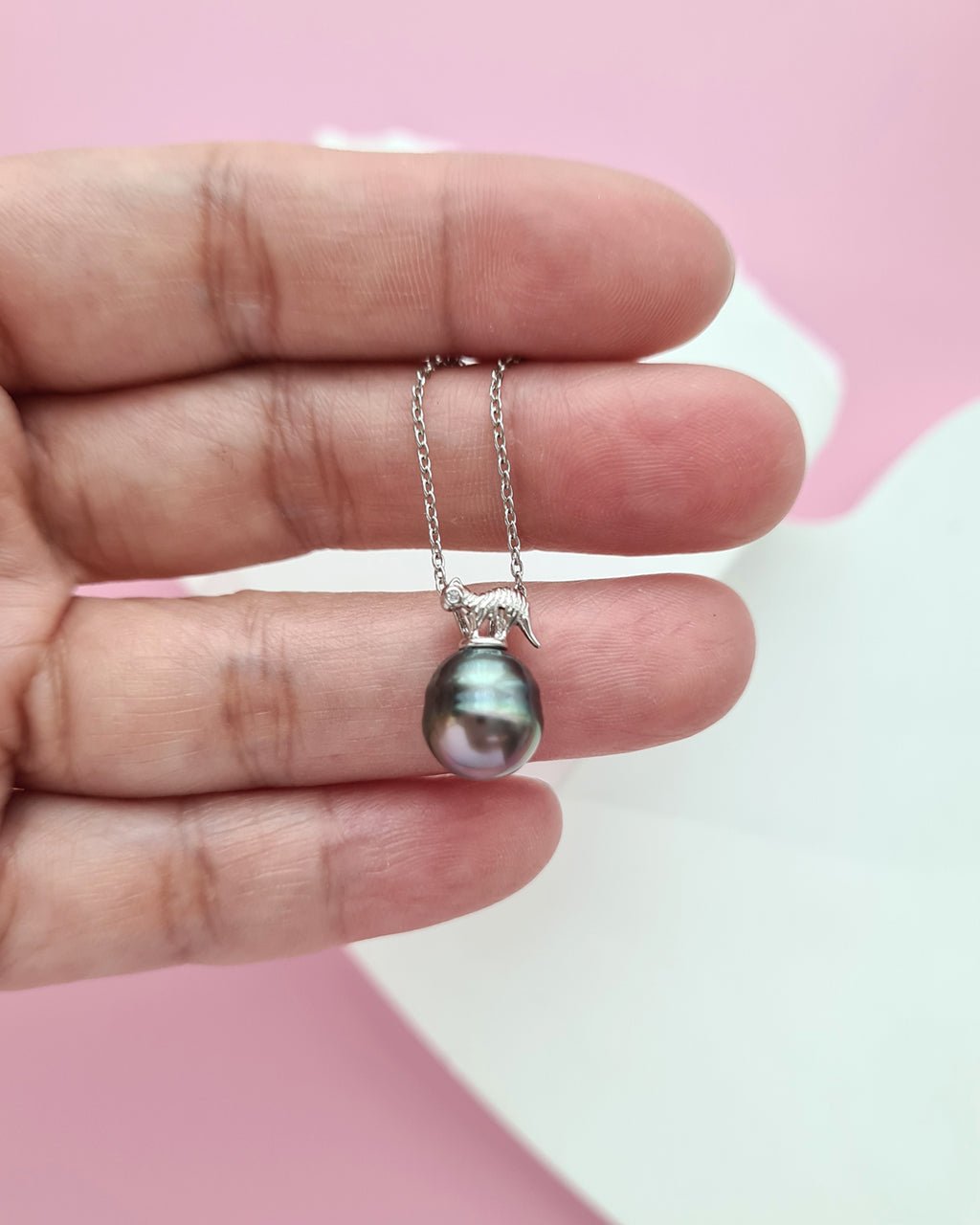 Tahitian Pearl Cat Pendant Necklace, Handmade Modern Pearl Jewelry in Singapore