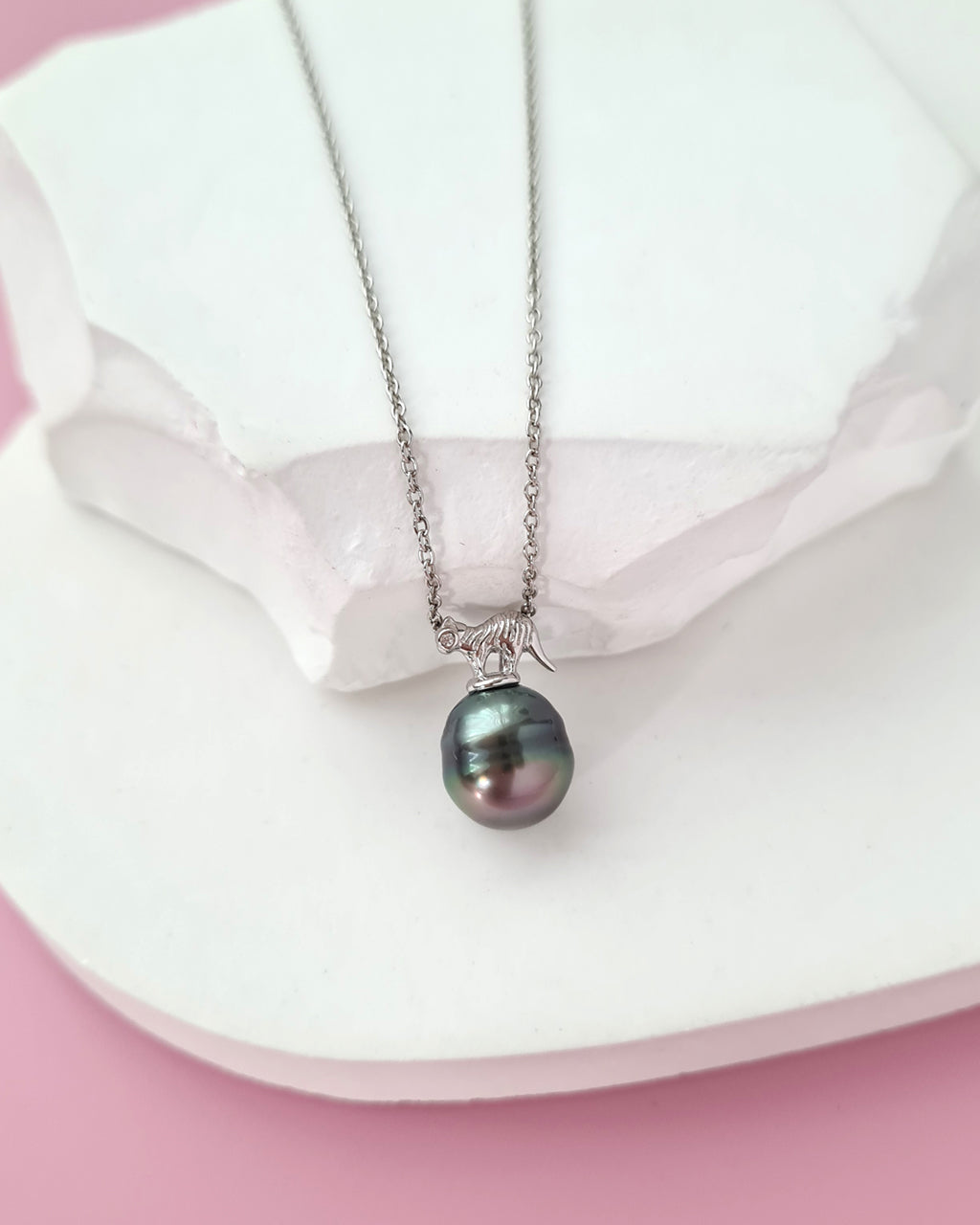 Tahitian Pearl Cat Pendant Necklace, Handmade Modern Pearl Jewelry in Singapore