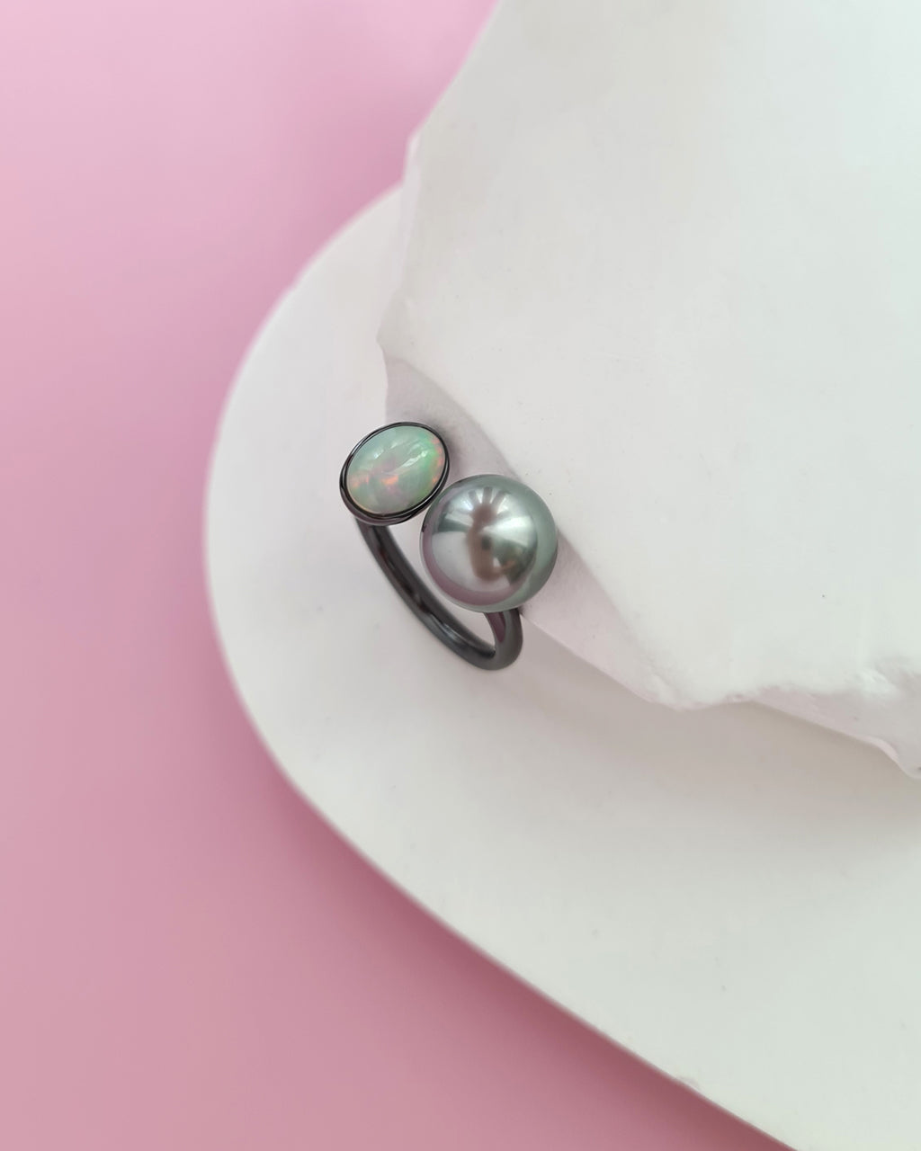 Tahitian Pearl Open Ring in Black with Opal, Pearl Jewelry in Singapore