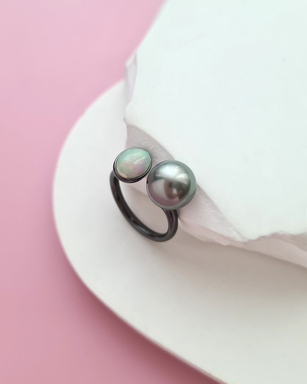 Tahitian Pearl Open Ring in Black with Opal, Pearl Jewelry in Singapore