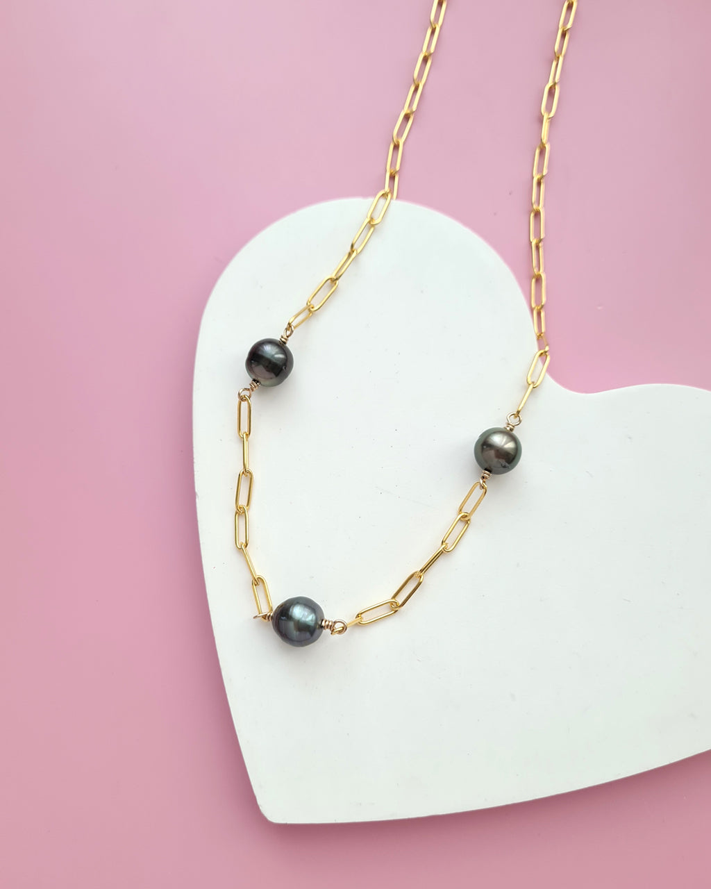 Triple Tahitian Pearl Thick Chain Necklace - Gold Pearl Jewelry in Singapore