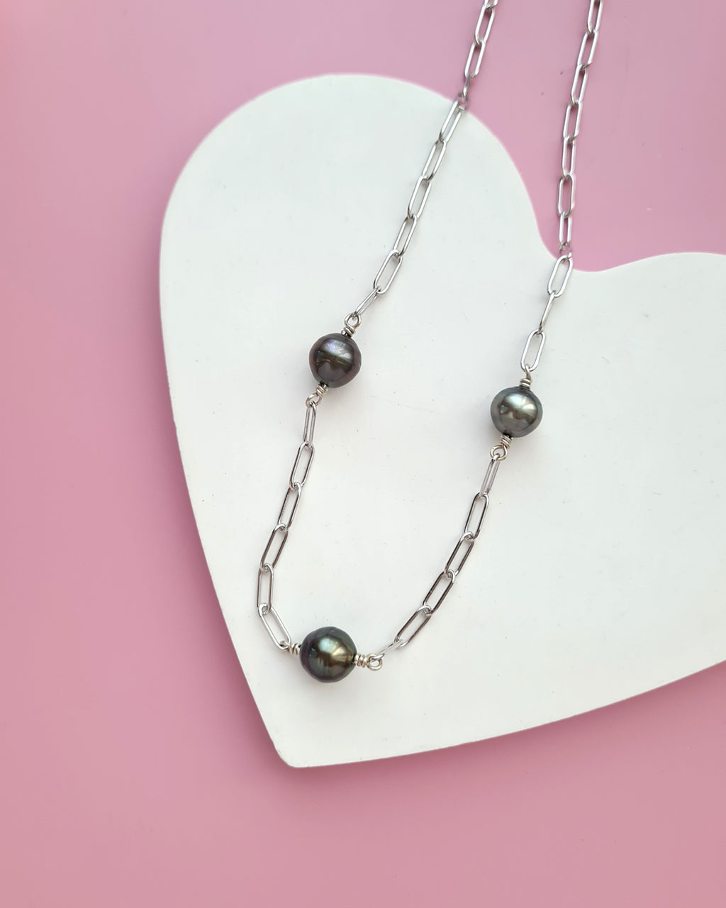 Triple Tahitian Pearl Thick Chain Necklace - Silver Pearl Jewelry in Singapore