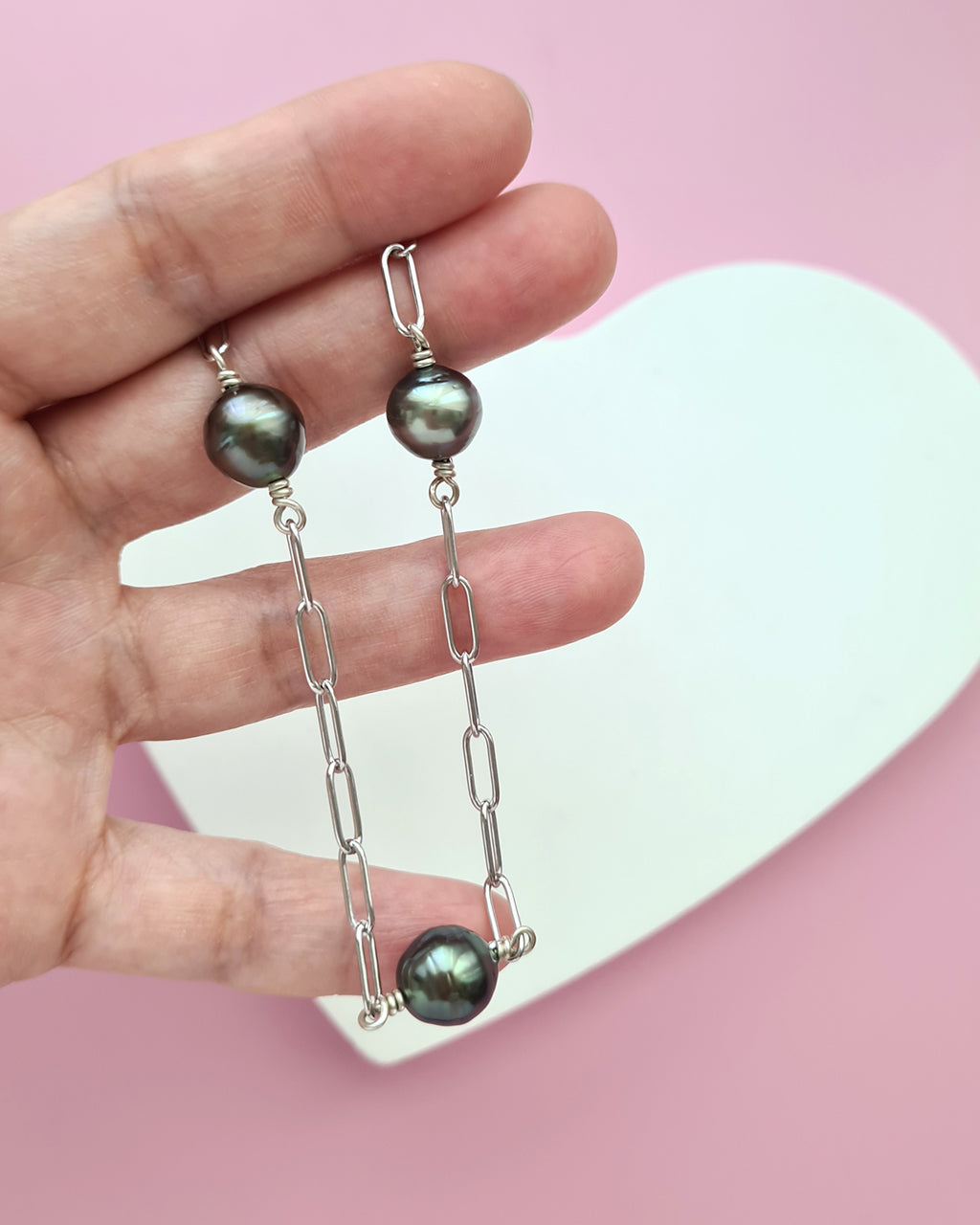 Triple Tahitian Pearl Thick Chain Necklace - Silver Pearl Jewelry in Singapore
