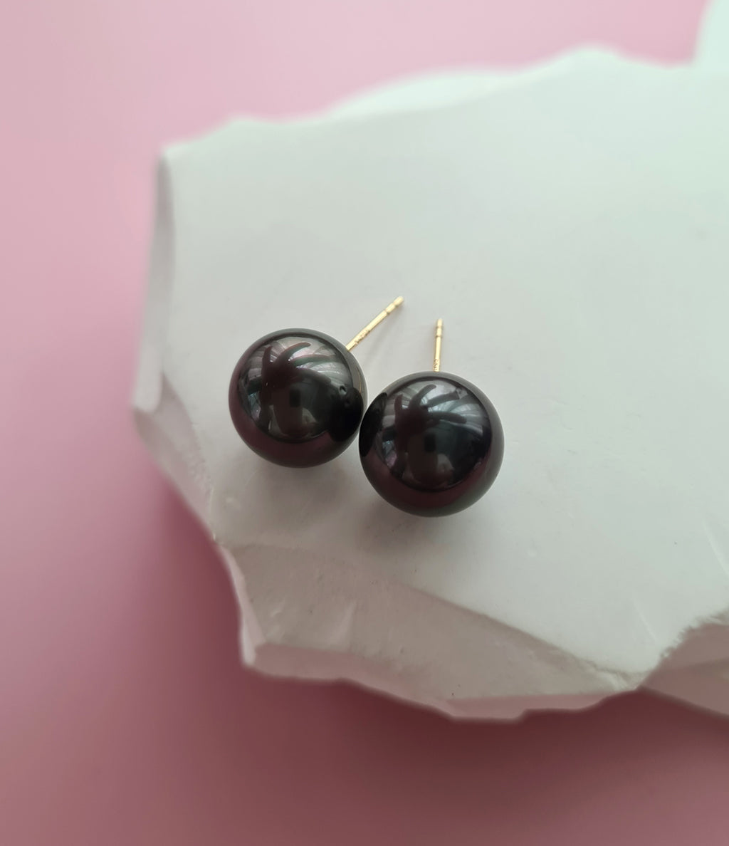 Tahitian Pearl 18K Gold Stud Earrings - 11mm Dark Green Black Pearl Jewelry in Singapore